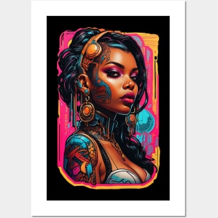 Cyberpunk Futuristic Black girl neon city gaming design Posters and Art